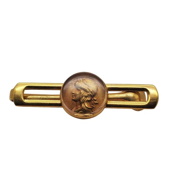 Roman Soldier Tie Bar Clip Gold Tone Clasp Warrior Cameo Figural Retro Vintage - Picture 1 of 9